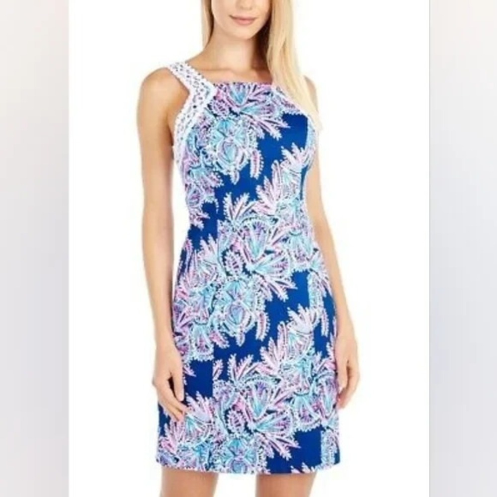 Lilly Pulitzer Makayla Stretch Shift Dress Oyster Blue Miss Shell Lace sz 4 2